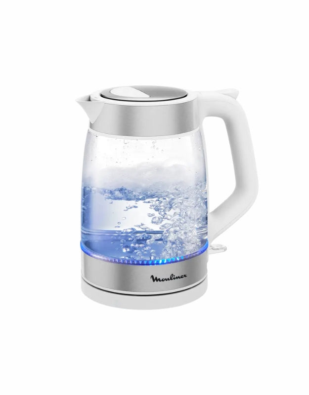 Moulinex glass electric kettle 1.7L with boiling water and blue LED light – modern electric jug design